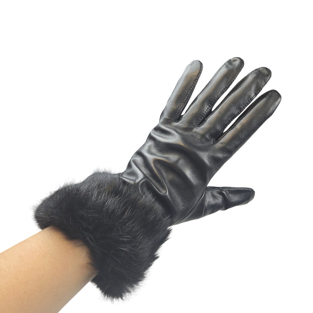 Black Genuine Leather Gloves Real Rabbit Fur Trim Cuff Size Large Quiet Luxury